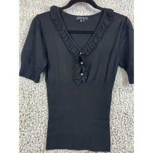 Chime black V-neck ruffle with faux diamond accent short sleeve tight knit SZ XL